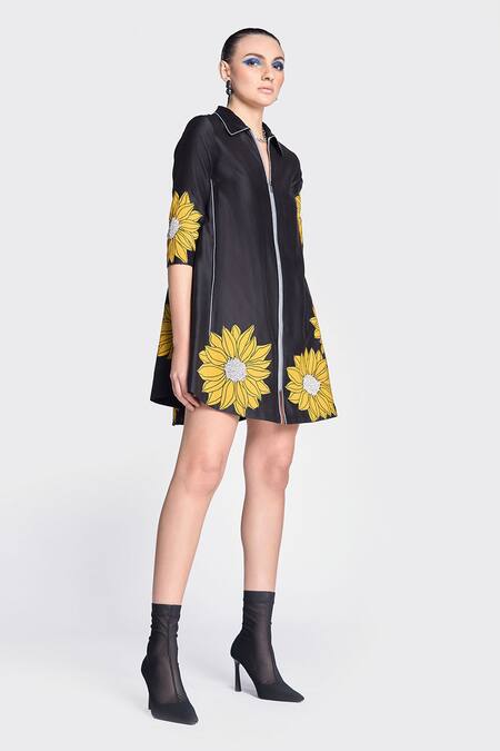 Buy Shahin Mannan Black Chanderi, Chiffon Embroidery Sunflower Applique Detailed Shirt Dress Online at Aza Fashions Buy_Shahin Mannan_Black Chanderi, Chiffon Embroidery Sunflower Applique Detailed Shirt Dress _Online_at_Aza_Fashions