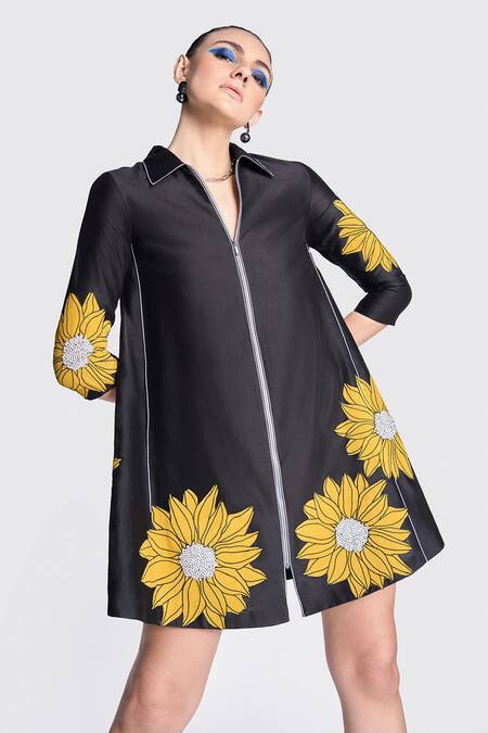 Shop Shahin Mannan Black Chanderi, Chiffon Embroidery Sunflower Applique Detailed Shirt Dress Online at Aza Fashions Shop_Shahin Mannan_Black Chanderi, Chiffon Embroidery Sunflower Applique Detailed Shirt Dress _Online_at_Aza_Fashions