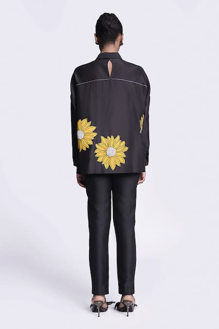 Shop Shahin Mannan Black Chanderi Applique Collared Sunflower Detailed Boxy Shirt at Aza Fashions Shop_Shahin Mannan_Black Chanderi Applique Collared Sunflower Detailed Boxy Shirt _at_Aza_Fashions