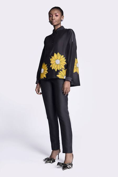 Buy Shahin Mannan Black Chanderi Applique Collared Sunflower Detailed Boxy Shirt Online at Aza Fashions Buy_Shahin Mannan_Black Chanderi Applique Collared Sunflower Detailed Boxy Shirt _Online_at_Aza_Fashions
