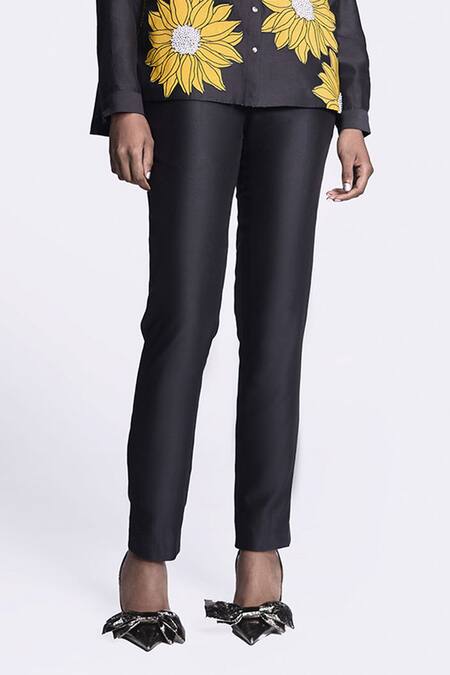 Shahin Mannan_Black Chanderi, Chiffon Cross Pocket Narrow Pant _Online_at_Aza_Fashions