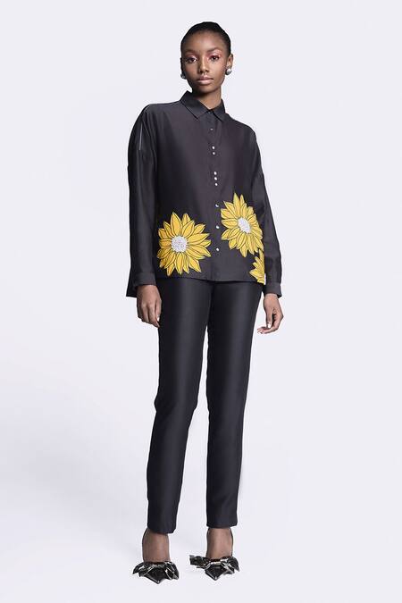 Buy_Shahin Mannan_Black Chanderi, Chiffon Cross Pocket Narrow Pant _Online_at_Aza_Fashions