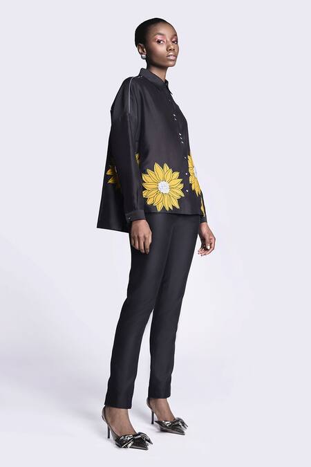 Shop_Shahin Mannan_Black Chanderi, Chiffon Cross Pocket Narrow Pant _Online_at_Aza_Fashions