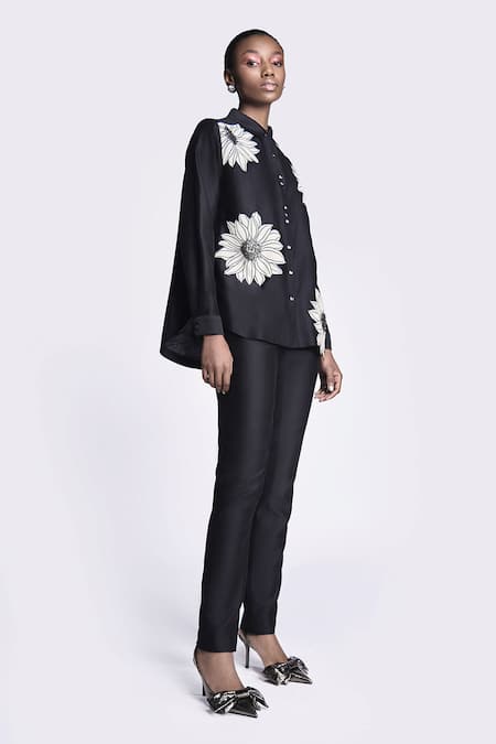 Shop Shahin Mannan Black Chanderi, Chiffon Applique Sunflower Detailed Asymmetric Shirt With Pant at Aza Fashions Shop_Shahin Mannan_Black Chanderi, Chiffon Applique Sunflower Detailed Asymmetric Shirt With Pant _at_Aza_Fashions