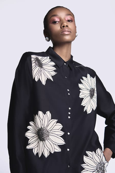 Buy Shahin Mannan Black Chanderi Applique Collared Sunflower Detailed Asymmetric Shirt Online at Aza Fashions Buy_Shahin Mannan_Black Chanderi Applique Collared Sunflower Detailed Asymmetric Shirt _Online_at_Aza_Fashions