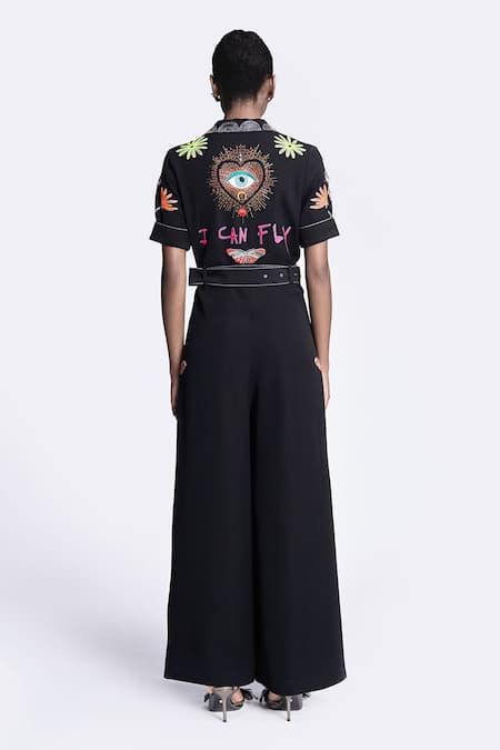 Shop Shahin Mannan Black Crepe Embroidery Collared I Can Fly Jumpsuit at Aza Fashions Shop_Shahin Mannan_Black Crepe Embroidery Collared I Can Fly Jumpsuit _at_Aza_Fashions