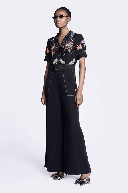 Shahin Mannan Black Crepe Embroidery Collared I Can Fly Jumpsuit Online at Aza Fashions Shahin Mannan_Black Crepe Embroidery Collared I Can Fly Jumpsuit _Online_at_Aza_Fashions