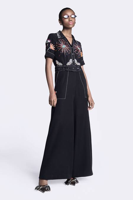 Buy Shahin Mannan Black Crepe Embroidery Collared I Can Fly Jumpsuit Online at Aza Fashions Buy_Shahin Mannan_Black Crepe Embroidery Collared I Can Fly Jumpsuit _Online_at_Aza_Fashions