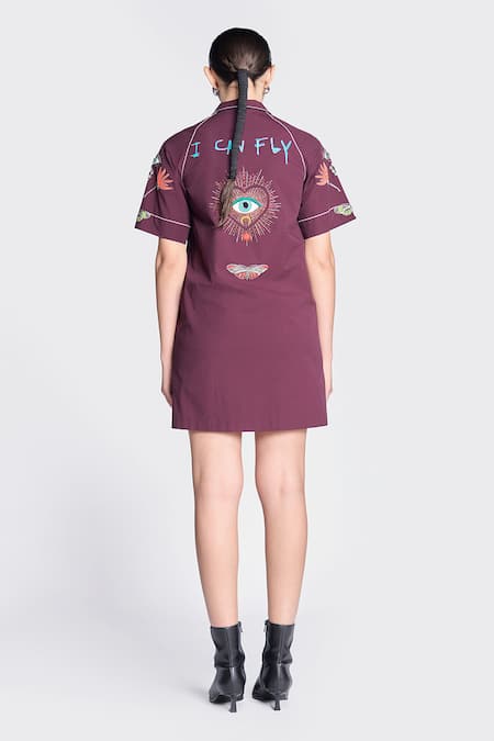 Shop Shahin Mannan Wine Poplin Embroidery Collared I Can Fly Raglan Sleeves Dress at Aza Fashions Shop_Shahin Mannan_Wine Poplin Embroidery Collared I Can Fly Raglan Sleeves Dress _at_Aza_Fashions