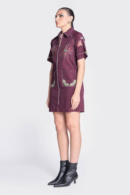 Shahin Mannan Wine Poplin Embroidery Collared I Can Fly Raglan Sleeves Dress Online at Aza Fashions Shahin Mannan_Wine Poplin Embroidery Collared I Can Fly Raglan Sleeves Dress _Online_at_Aza_Fashions