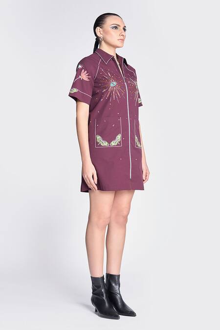 Buy Shahin Mannan Wine Poplin Embroidery Collared I Can Fly Raglan Sleeves Dress Online at Aza Fashions Buy_Shahin Mannan_Wine Poplin Embroidery Collared I Can Fly Raglan Sleeves Dress _Online_at_Aza_Fashions