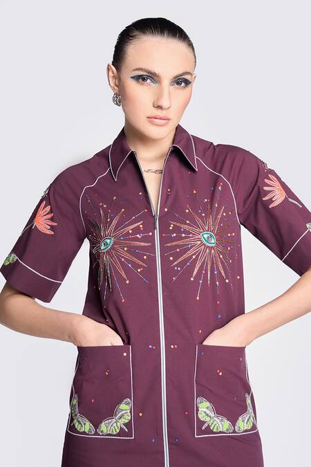 Shop Shahin Mannan Wine Poplin Embroidery Collared I Can Fly Raglan Sleeves Dress Online at Aza Fashions Shop_Shahin Mannan_Wine Poplin Embroidery Collared I Can Fly Raglan Sleeves Dress _Online_at_Aza_Fashions