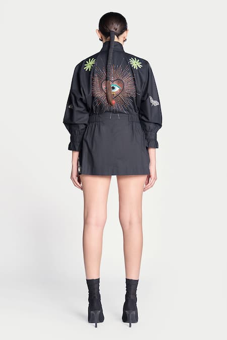 Shop Shahin Mannan Black Poplin Embroidery High Neck I Can Fly Hand Jacket Dress at Aza Fashions Shop_Shahin Mannan_Black Poplin Embroidery High Neck I Can Fly Hand Jacket Dress _at_Aza_Fashions