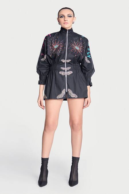 Shahin Mannan Black Poplin Embroidery High Neck I Can Fly Hand Jacket Dress Online at Aza Fashions Shahin Mannan_Black Poplin Embroidery High Neck I Can Fly Hand Jacket Dress _Online_at_Aza_Fashions