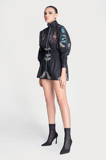 Buy Shahin Mannan Black Poplin Embroidery High Neck I Can Fly Hand Jacket Dress Online at Aza Fashions Buy_Shahin Mannan_Black Poplin Embroidery High Neck I Can Fly Hand Jacket Dress _Online_at_Aza_Fashions