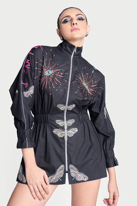 Shop Shahin Mannan Black Poplin Embroidery High Neck I Can Fly Hand Jacket Dress Online at Aza Fashions Shop_Shahin Mannan_Black Poplin Embroidery High Neck I Can Fly Hand Jacket Dress _Online_at_Aza_Fashions