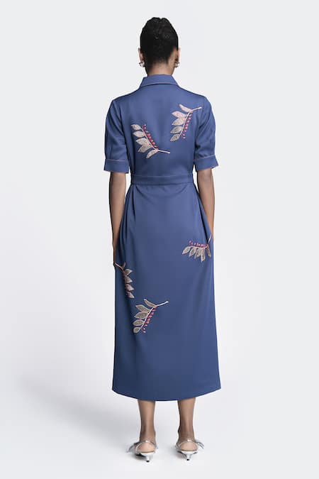Shop Shahin Mannan Blue Crepe Embroidery Collared Autumn Leaves Front Open Dress at Aza Fashions Shop_Shahin Mannan_Blue Crepe Embroidery Collared Autumn Leaves Front Open Dress _at_Aza_Fashions