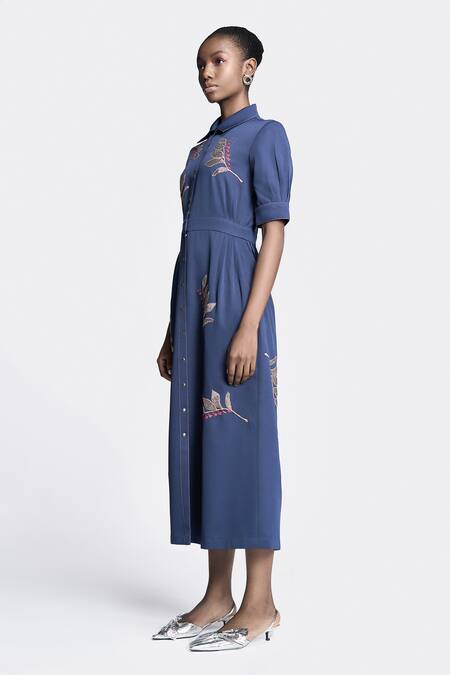 Shahin Mannan Blue Crepe Embroidery Collared Autumn Leaves Front Open Dress Online at Aza Fashions Shahin Mannan_Blue Crepe Embroidery Collared Autumn Leaves Front Open Dress _Online_at_Aza_Fashions