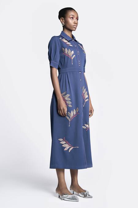 Buy Shahin Mannan Blue Crepe Embroidery Collared Autumn Leaves Front Open Dress Online at Aza Fashions Buy_Shahin Mannan_Blue Crepe Embroidery Collared Autumn Leaves Front Open Dress _Online_at_Aza_Fashions
