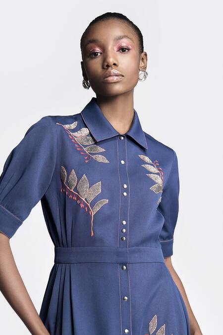 Shop Shahin Mannan Blue Crepe Embroidery Collared Autumn Leaves Front Open Dress Online at Aza Fashions Shop_Shahin Mannan_Blue Crepe Embroidery Collared Autumn Leaves Front Open Dress _Online_at_Aza_Fashions