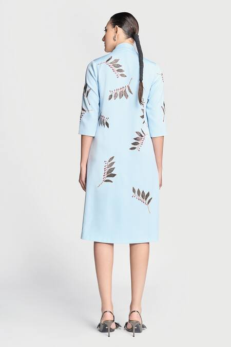 Shop Shahin Mannan Blue Crepe Embroidery Shawl Neck Autumn Leaves Midi Dress at Aza Fashions Shop_Shahin Mannan_Blue Crepe Embroidery Shawl Neck Autumn Leaves Midi Dress _at_Aza_Fashions