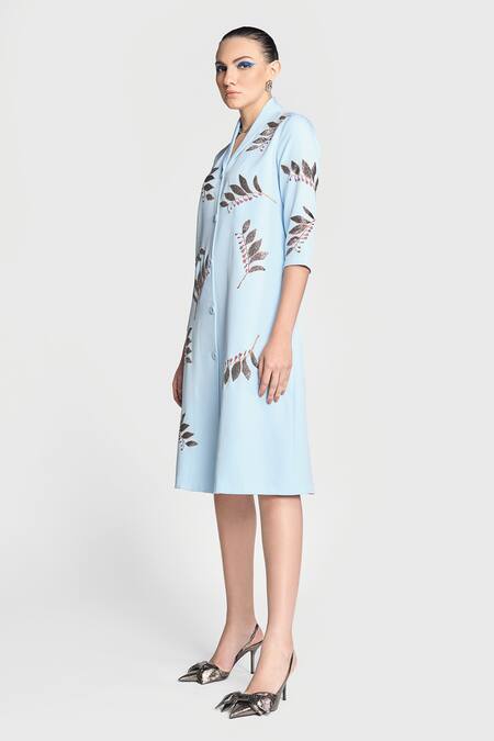 Shahin Mannan Blue Crepe Embroidery Shawl Neck Autumn Leaves Midi Dress Online at Aza Fashions Shahin Mannan_Blue Crepe Embroidery Shawl Neck Autumn Leaves Midi Dress _Online_at_Aza_Fashions