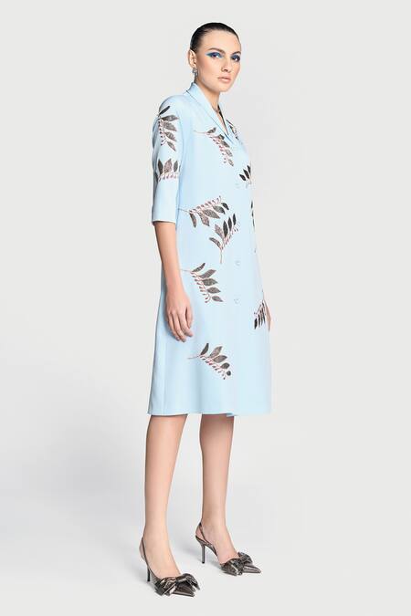 Buy Shahin Mannan Blue Crepe Embroidery Shawl Neck Autumn Leaves Midi Dress Online at Aza Fashions Buy_Shahin Mannan_Blue Crepe Embroidery Shawl Neck Autumn Leaves Midi Dress _Online_at_Aza_Fashions