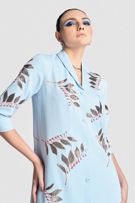 Shop Shahin Mannan Blue Crepe Embroidery Shawl Neck Autumn Leaves Midi Dress Online at Aza Fashions Shop_Shahin Mannan_Blue Crepe Embroidery Shawl Neck Autumn Leaves Midi Dress _Online_at_Aza_Fashions