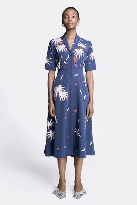 Shahin Mannan Blue Double Crepe Embroidered Leaf Shawl Collar Dress 