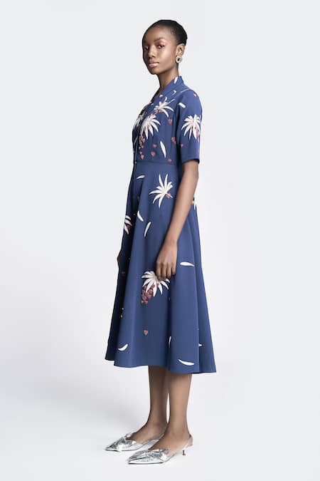 Shahin Mannan_Blue Crepe Embroidery Shawl Neck Leaf Dress _Online_at_Aza_Fashions