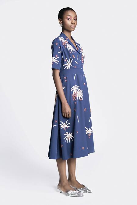 Buy_Shahin Mannan_Blue Crepe Embroidery Shawl Neck Leaf Dress _Online_at_Aza_Fashions