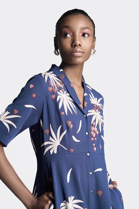 Shop_Shahin Mannan_Blue Crepe Embroidery Shawl Neck Leaf Dress _Online_at_Aza_Fashions