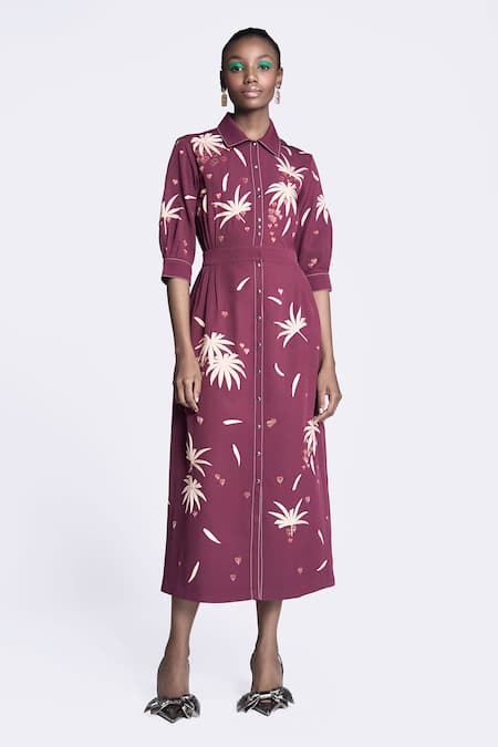 Shahin Mannan Leaf Embroidered Side Pleated Midi Dress 