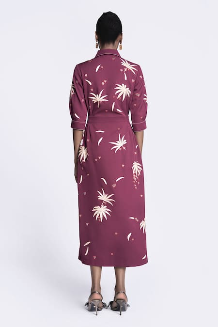 Shop Shahin Mannan Wine Crepe Embroidery Collared Leaf Detail Midi Dress at Aza Fashions Shop_Shahin Mannan_Wine Crepe Embroidery Collared Leaf Detail Midi Dress _at_Aza_Fashions