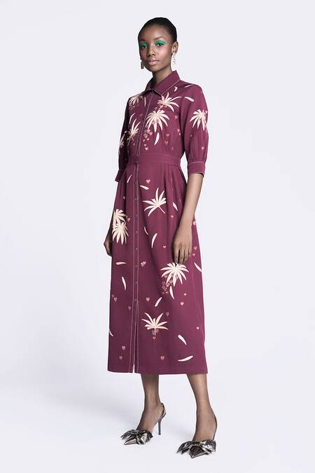 Shahin Mannan Wine Crepe Embroidery Collared Leaf Detail Midi Dress Online at Aza Fashions Shahin Mannan_Wine Crepe Embroidery Collared Leaf Detail Midi Dress _Online_at_Aza_Fashions