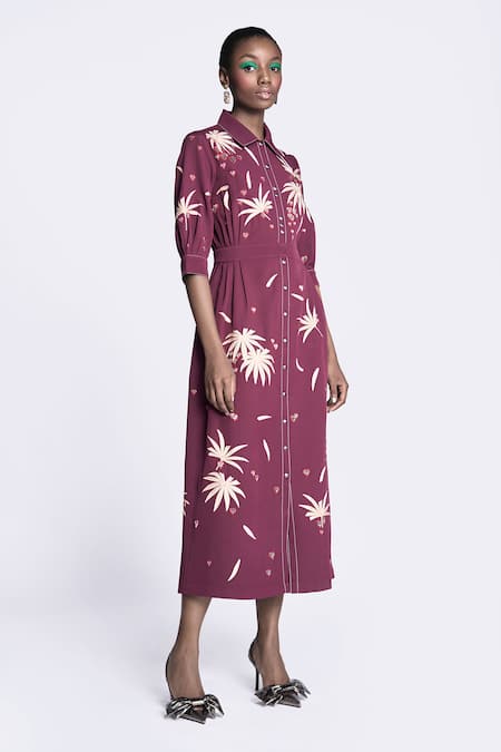 Buy Shahin Mannan Wine Crepe Embroidery Collared Leaf Detail Midi Dress Online at Aza Fashions Buy_Shahin Mannan_Wine Crepe Embroidery Collared Leaf Detail Midi Dress _Online_at_Aza_Fashions