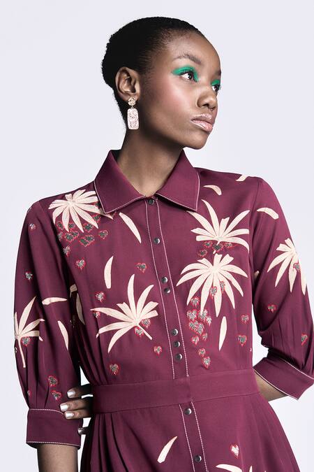 Shop Shahin Mannan Wine Crepe Embroidery Collared Leaf Detail Midi Dress Online at Aza Fashions Shop_Shahin Mannan_Wine Crepe Embroidery Collared Leaf Detail Midi Dress _Online_at_Aza_Fashions