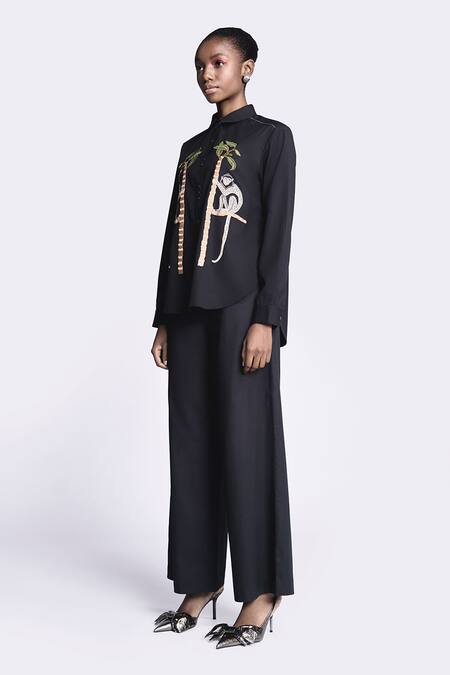 Buy_Shahin Mannan_Black Poplin Embroidery Collared Monkey On A Tree Asymmetric Shirt With Pant _Online_at_Aza_Fashions
