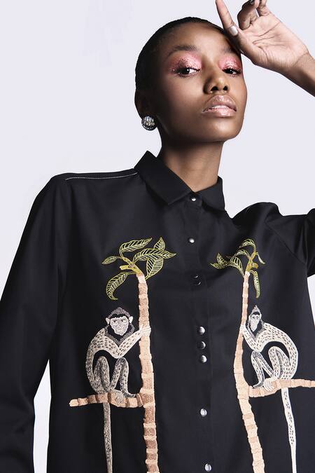 Shahin Mannan_Black Poplin Embroidery Collared Monkey On A Tree Asymmetric Shirt With Pant _at_Aza_Fashions