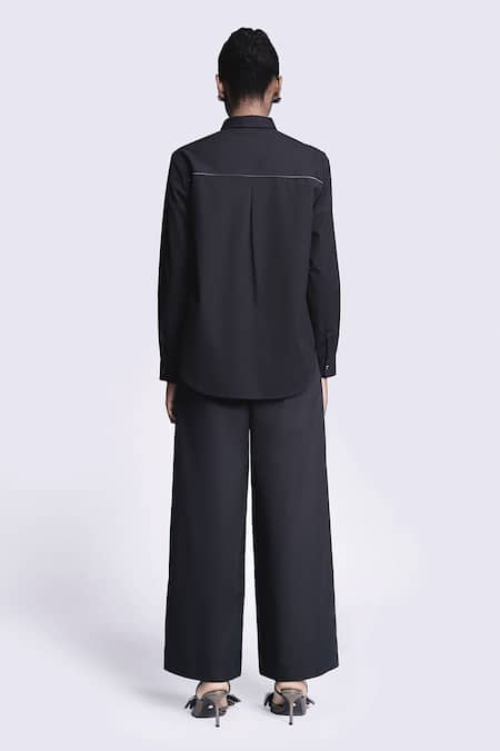 Shop Shahin Mannan Black Poplin Solid Flared Pant at Aza Fashions Shop_Shahin Mannan_Black Poplin Solid Flared Pant _at_Aza_Fashions