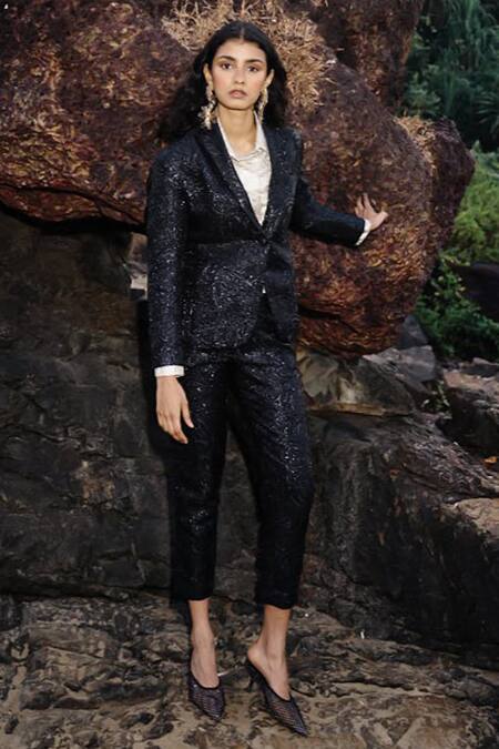 Shop Dash And Dot Black Polyester Brocade Lapel Collar Blazer at Aza Fashions Shop_Dash And Dot_Black Polyester Brocade Lapel Collar Blazer_at_Aza_Fashions