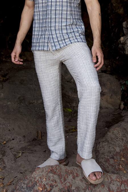 Dash And Dot_Blue Cotton, Polyester 3d Stripe Pattern Pant _Online_at_Aza_Fashions