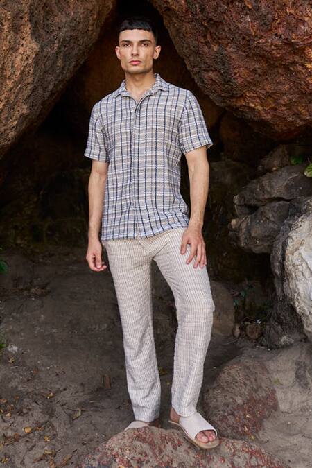 Buy_Dash And Dot_Blue Cotton, Polyester 3d Stripe Pattern Pant _Online_at_Aza_Fashions