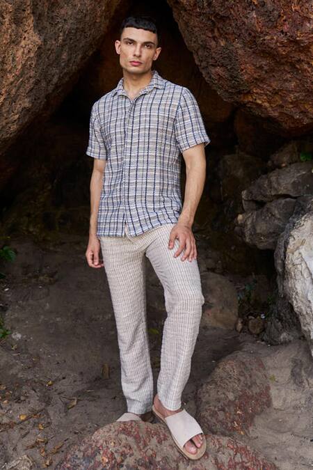 Shop_Dash And Dot_Blue Cotton, Polyester 3d Stripe Pattern Pant _Online_at_Aza_Fashions