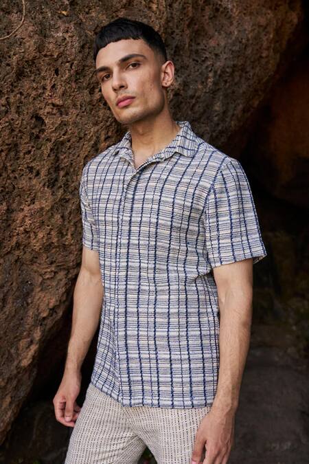 Dash And Dot_Blue Cotton, Polyester 3d Stripe Pattern Pant _at_Aza_Fashions