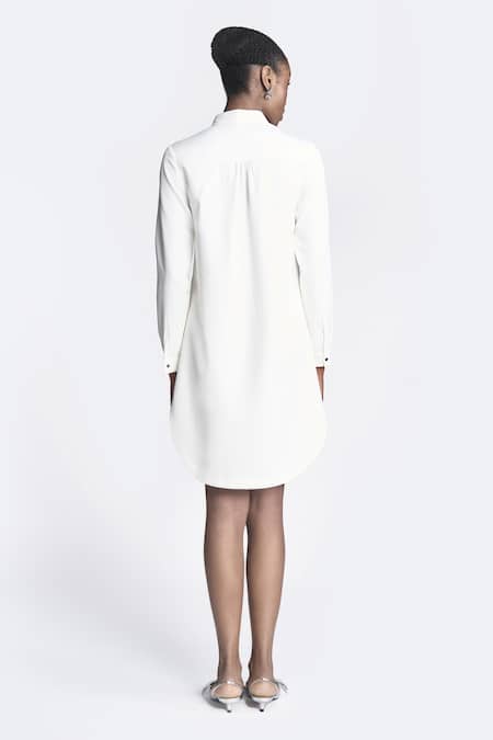 Shop Shahin Mannan White Crepe Embroidery Collared Monkey On A Tree Asymmetric Shirt Dress at Aza Fashions Shop_Shahin Mannan_White Crepe Embroidery Collared Monkey On A Tree Asymmetric Shirt Dress _at_Aza_Fashions