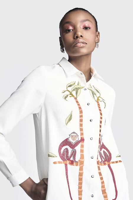 Shop Shahin Mannan White Crepe Embroidery Collared Monkey On A Tree Asymmetric Shirt Dress Online at Aza Fashions Shop_Shahin Mannan_White Crepe Embroidery Collared Monkey On A Tree Asymmetric Shirt Dress _Online_at_Aza_Fashions
