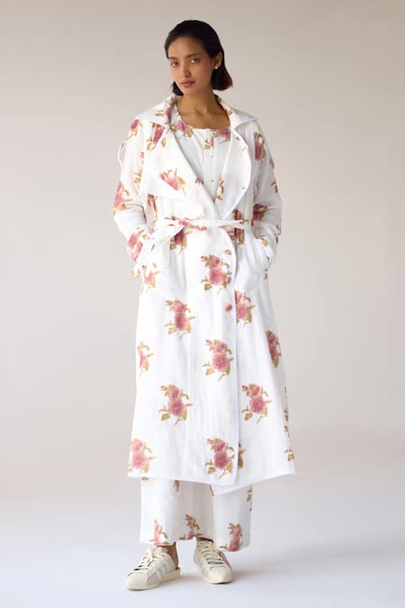 Cotton And Clay_White Cotton Round Neck, Collared Floral Hand Block Print Jumpsuit With Jacket _Online_at_Aza_Fashions