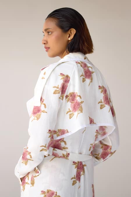Buy_Cotton And Clay_White Cotton Round Neck, Collared Floral Hand Block Print Jumpsuit With Jacket _Online_at_Aza_Fashions