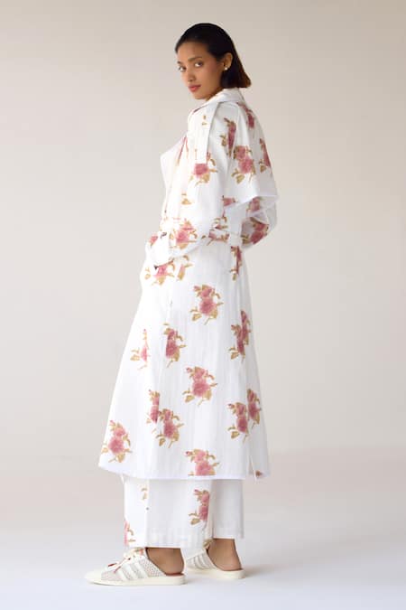 Shop_Cotton And Clay_White Cotton Round Neck, Collared Floral Hand Block Print Jumpsuit With Jacket _Online_at_Aza_Fashions